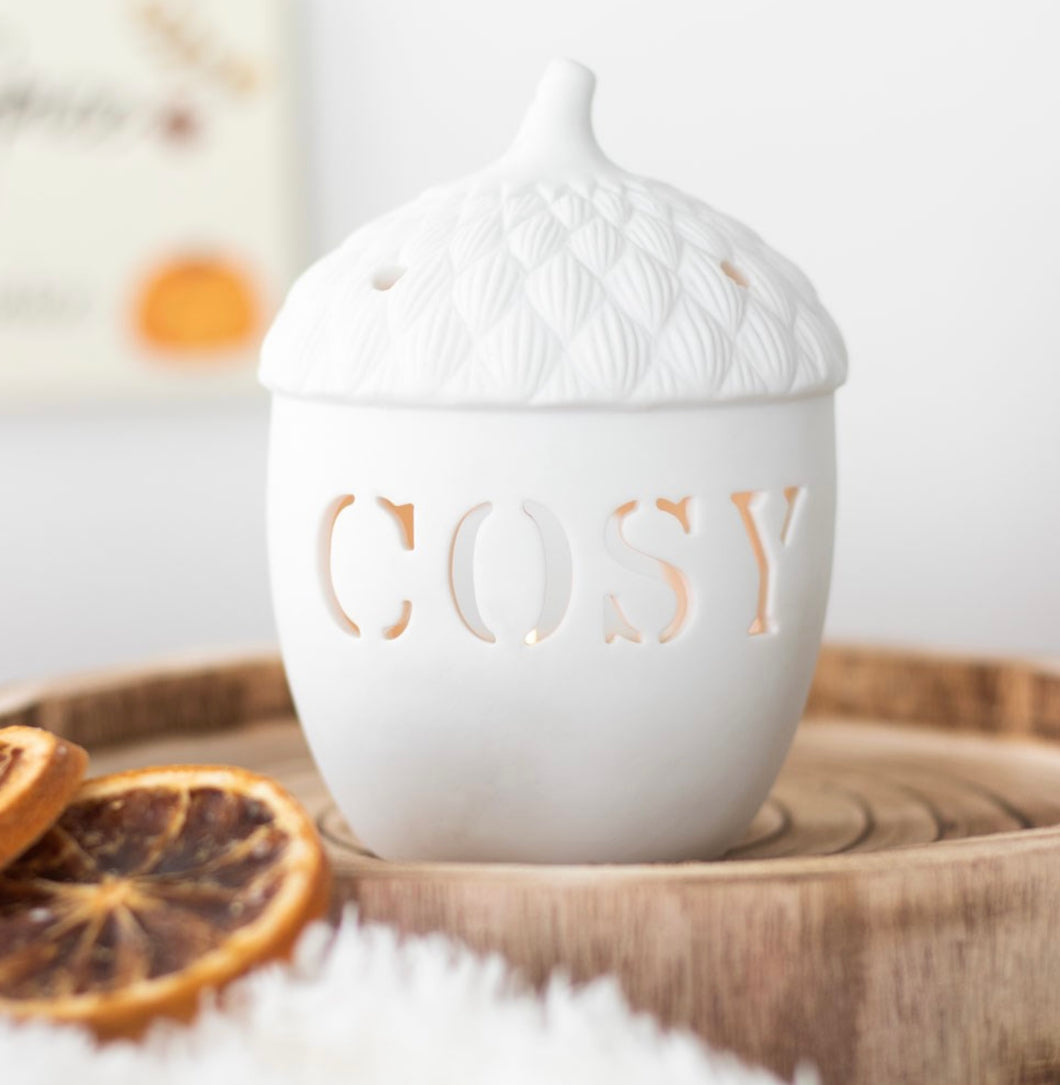 Acorn White Tealight Holder Cosy Autumn Ceramic