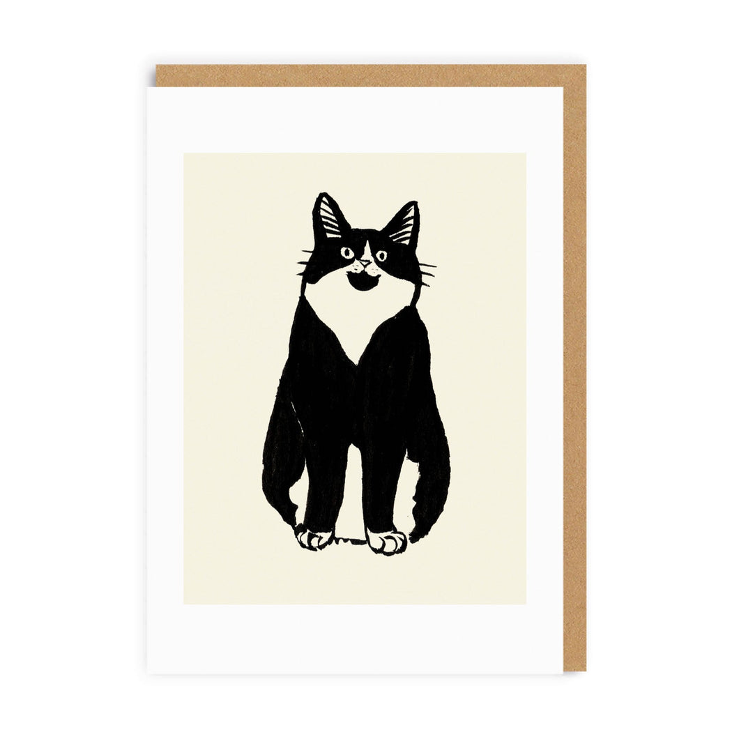 Black & White Cat Stare Greeting Card & Kraft Envelope